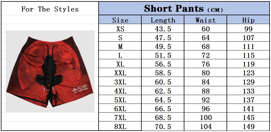 Short Pants Size Chart